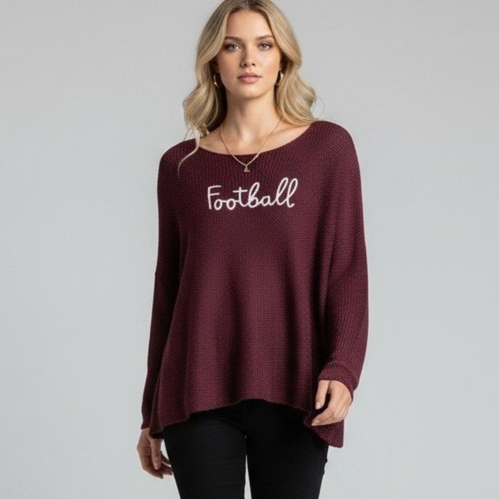 Wooden Ships Football Graphic Knit Sweater Burgundy Oversized Medium Large